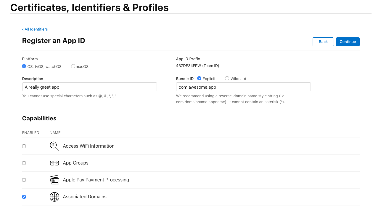Create/modify the provisioning profile to allow associated domains.